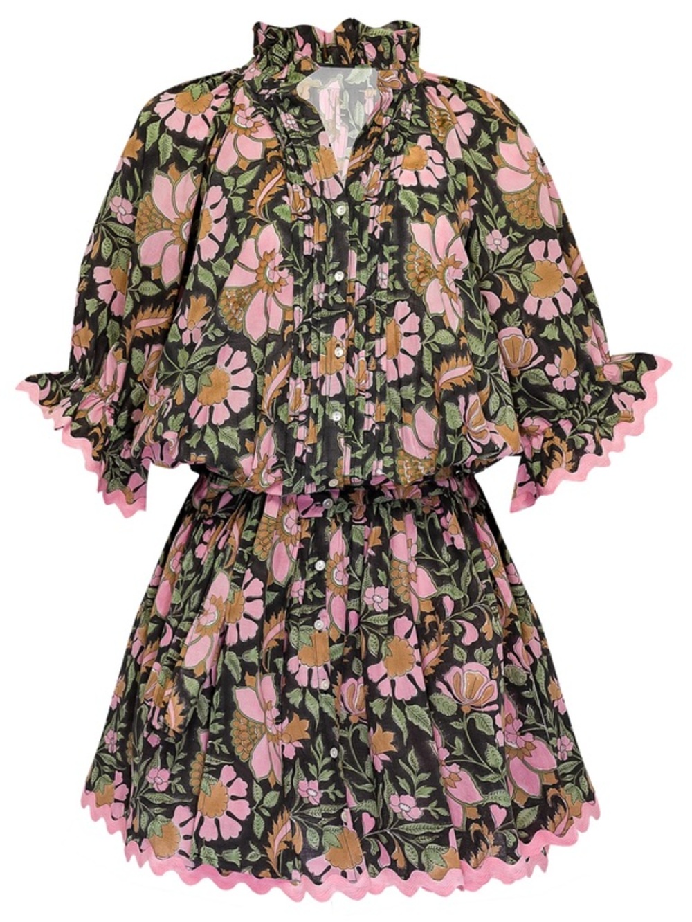 Juliet Dunn Pink, Olive & Black Floral Ruffle Dress